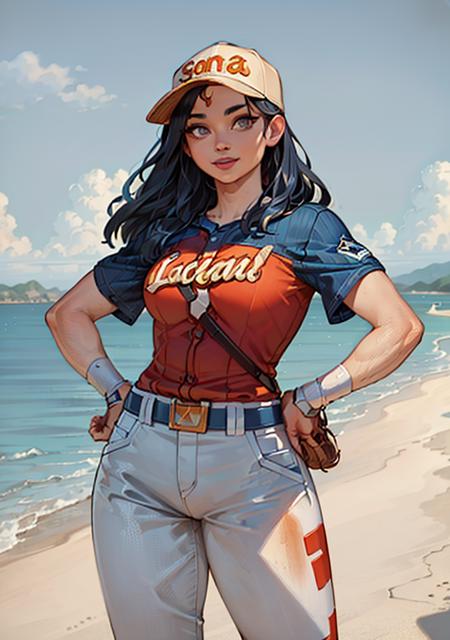 05159-189110843-(WonderWaifu_1), smile, cute, cute pose, looking at viewer, thick thighs, (baseball uniform_1.4), hands on hips, __(realistic_1.png